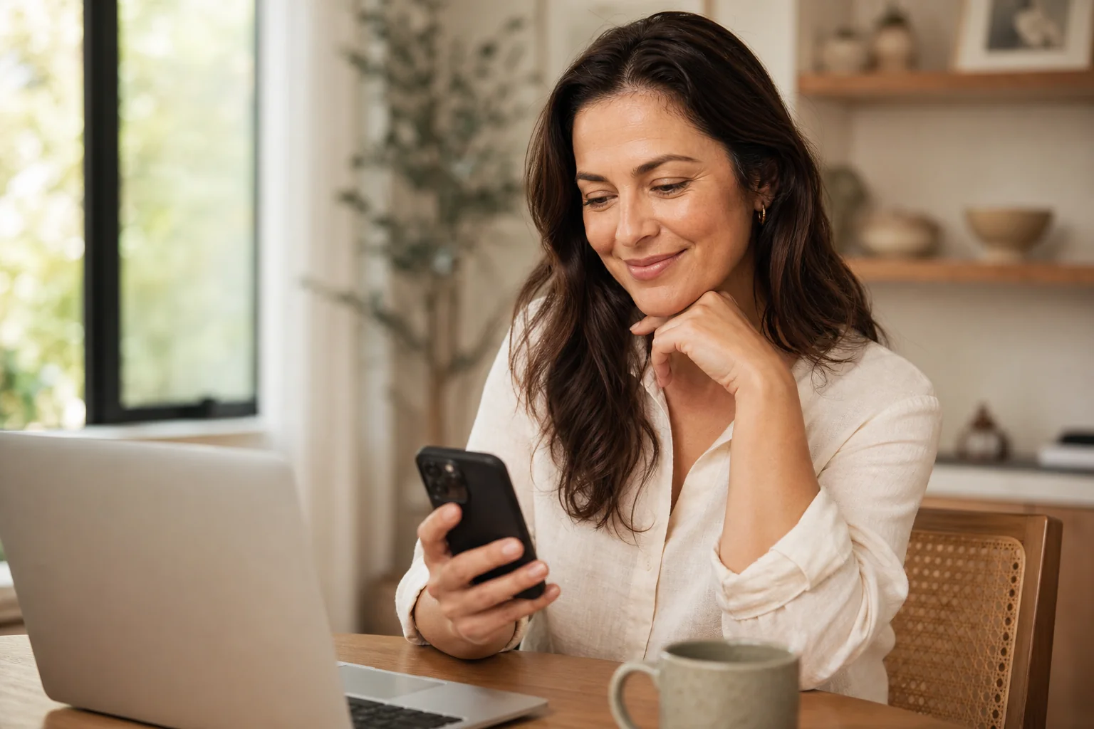 Woman smiling at phone with laptop