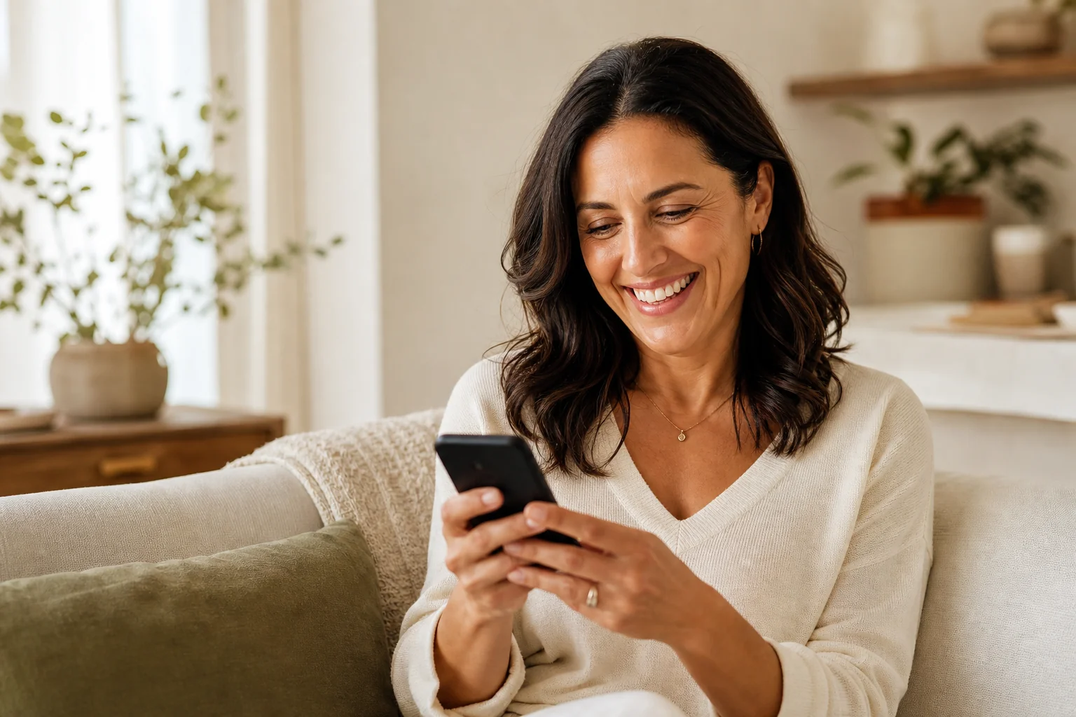 Woman smiling at phone on couch